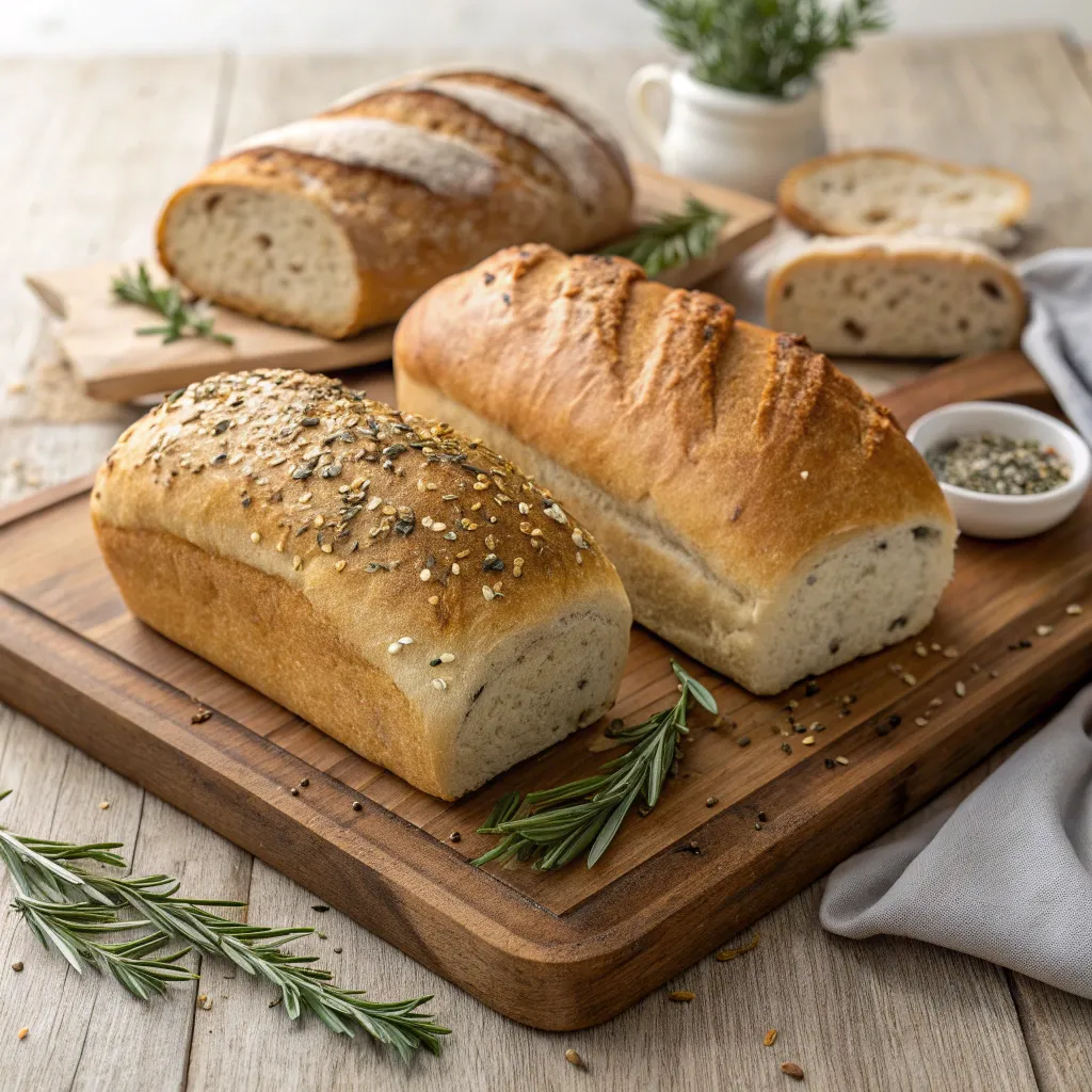 Loaves of artisan bread on a wooden board
