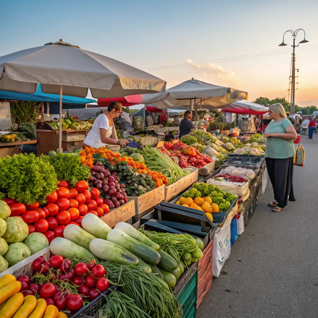 Farmers market with fresh vegetables and fruits displayed