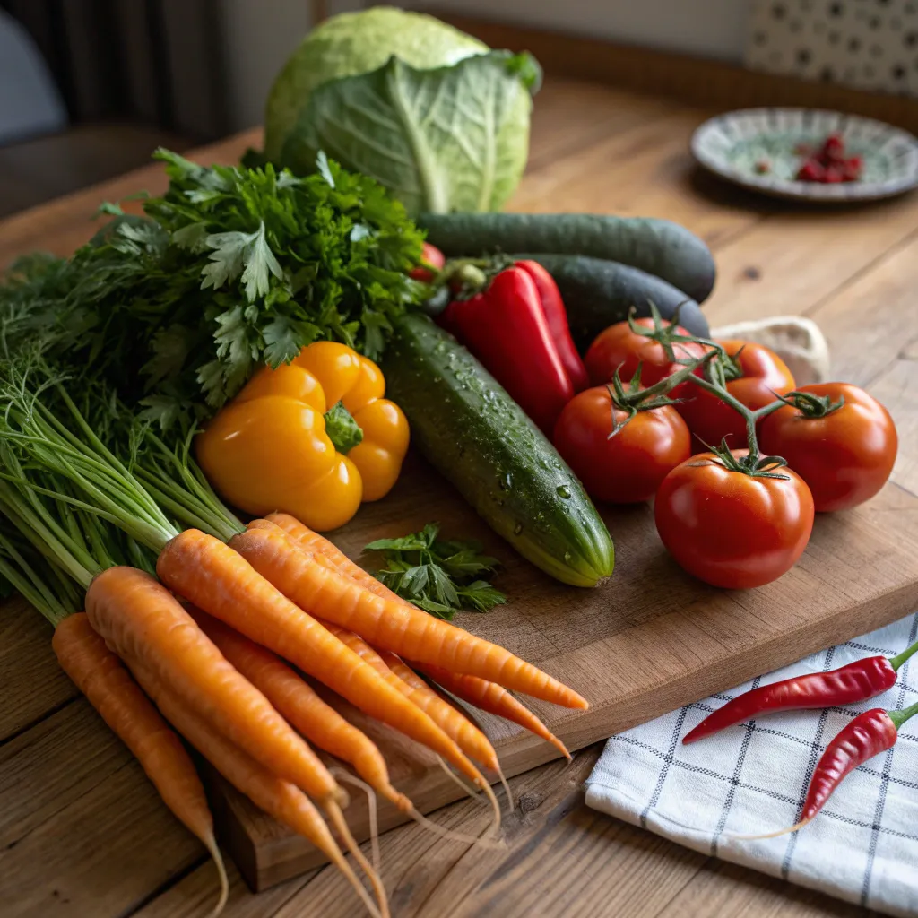Assorted organic vegetables on a wooden table